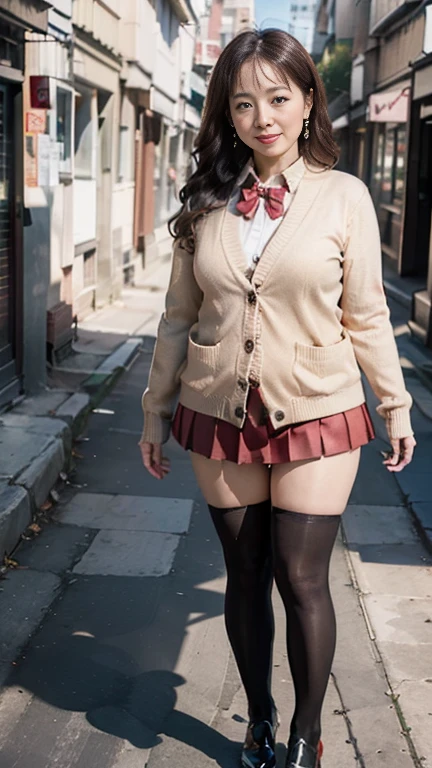 full body shot, from below,  japanese mature, 58 years old,  detailed face , Facial wrinkles, Wrinkles around the eyes, smile,  Detailed Skin Textures ,  white skin,  long hair, (curvy body,  plump thighs:1.3), (earrings,  Necklaces , red bowtie, brown cardigan, red skirt, pleated skirt, micro miniskirt:1.2), (black thighhighs,  wears high heels:1.2), (Standing on the sidewalk,  full body shot from toe to head wearing black high heels:1.2), (surrealism, best quality, ultra detailed, absolutely resolution, 8k, anatomically correct), depth of field, looking at viewer, (gal.safetensors), full body, model posing,  detailed face , 58 years oldの熟女がコスプレしている 