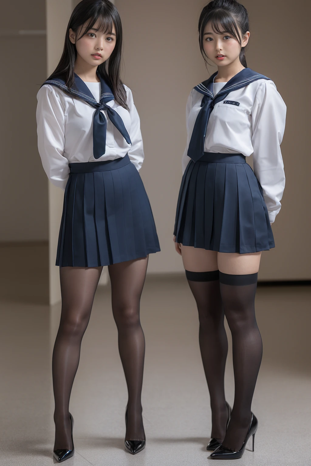 ( Closeup of two Japanese schoolgirls  ), ( standing facing you), ( She Always Wears Black Tights .),   full body photo 撮影,  High Quality , 16k, ( RAW photo:1.4),  high definition , ( Composition away from the subject), (顔から足首までの  full body photo ), ( perfect anatomy), 2 women, 24 years old, The sisters wear the same uniform,  Wears Navy Blue Sailor Suit and Micro Miniskirt ,  Full Body Shot of a Woman Wearing an Extra Small Miniskirt and Unreinforced Black Tights,(8k), (最 High Quality : 1.5),  very detailed, Big Breasts,  clevis on a stone, (  full body photo ), Large build, ( Super Short Tight Miniskirt Sailor Uniform ), (Super cute face), ( blonde alone),  short hair, Glare, Make a frown, Looking down from here, Stand in the middle of the hallway, ( Light Grey Background Studio ), (Glamorous Black Tights ), (High Heels Thick Soled High Heels ),  simple uniform , (タイトミニスカートはVery short), ( very thick thighs:1.2), (  very long legs  :1.4), (Lack of firmness and gloss), (Very short), ( black tights that shine like oil ) , ( wear high heels), ( very thick thighs) ,(  very long legs  ), ( very thick thighs), (Plump legs)