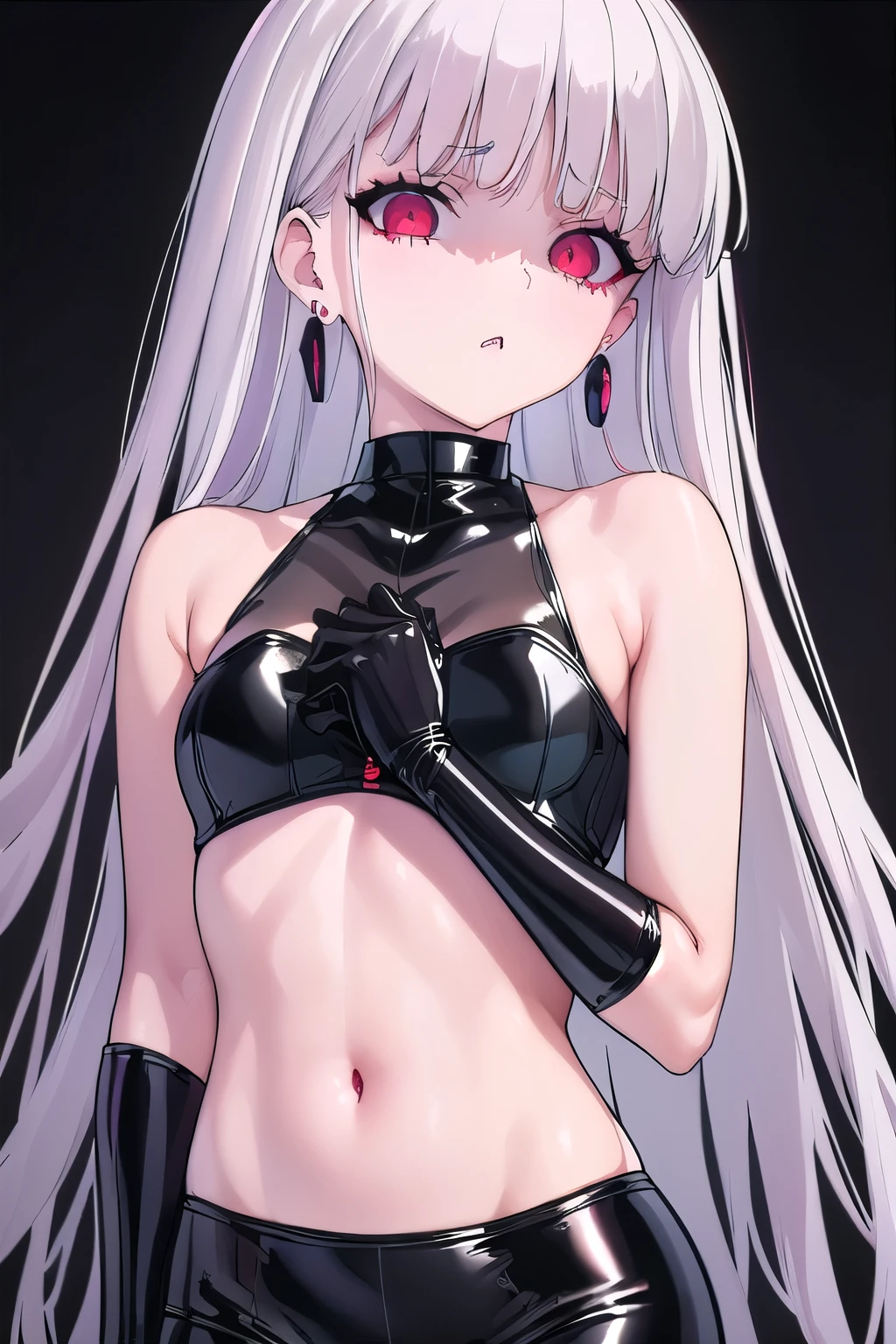 masterpiece, best quality, ultra-high-detailed, Disgusted face, white hair, red eyes, sigtuna julie , small breast, looking to viewer, deep eyes,  glare eyes, black latex, crop top, black corset, latex pants, eyeshadow, makeup, bare shoulder, earrings, Gothic , eyeshadow, black background, all body, upper latex