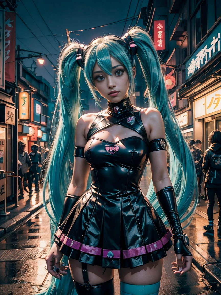 (La  Best Quality ,A high resolution,Ultra - detailed,actual),Ariana Grande, chica anime cosplay, anime cosplay, (Hatsune MikuCosplay:1.4) , cosplay photo, two white tails_Gloves, cosplay, cute anime waifu with a pretty dress, anime girl with long hair, Goddess of anime, Elegant and glamorous cosplay, chica anime disfrazada de sirvienta More detailed 8K.Unreal Engine:1.4,UHD,La  Best Quality :1.4,  photorealistic:1.4,  skin texture:1.4,  Masterpiece:1.8,masterpiece,  Best Quality ,object Object], (detailed face features:1.3),(The correct proportions),( beautiful blue eyes),  (cowboy pose), ,( cyberpunk 2.1), (background alley city tokyo night :1.4),( fingers detailed:1.4),( perfect anatomy), (kawaii costume :1.4) 