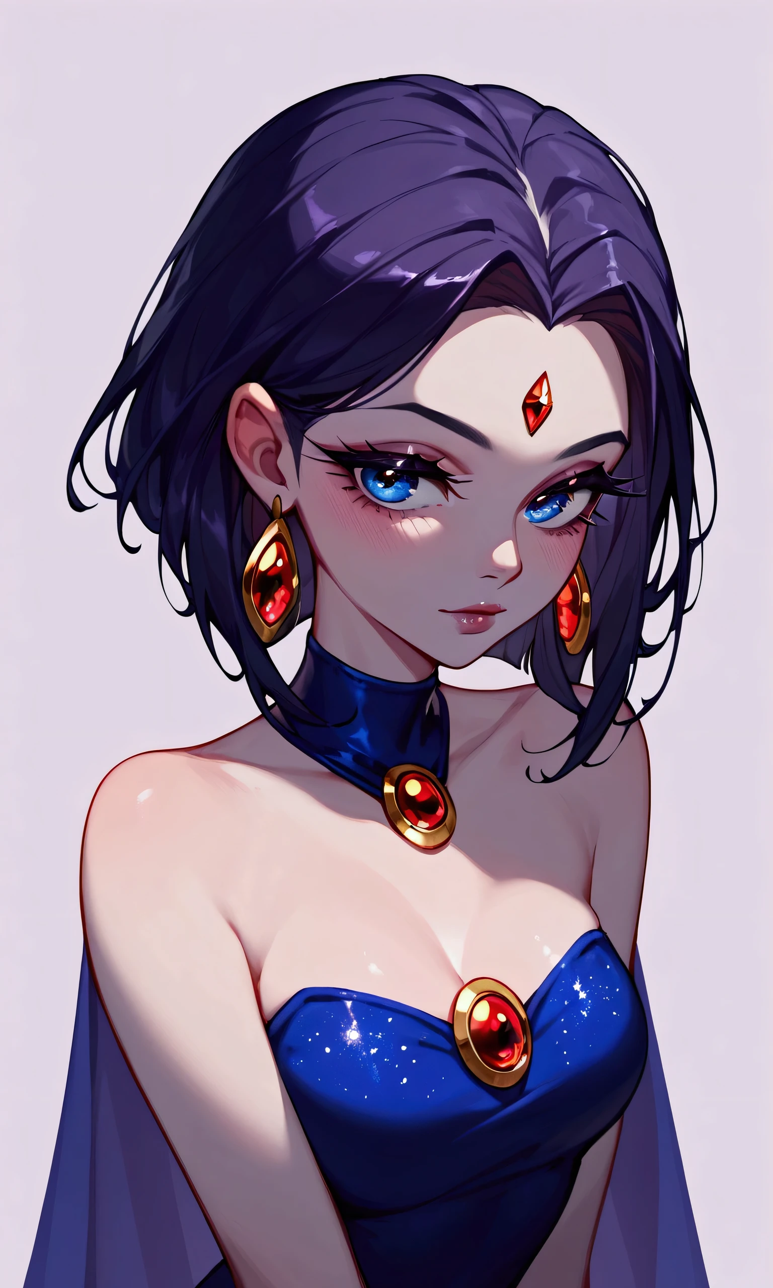 score_9, score_8_up, score_7_up, Soraka (League of Legends), 1 girl, blue eyes, black hair, sexy, squinted eyes, earrings, long eyelashes, sexy, pretty face, dressed like Raven (Teen Titans) in purple,
