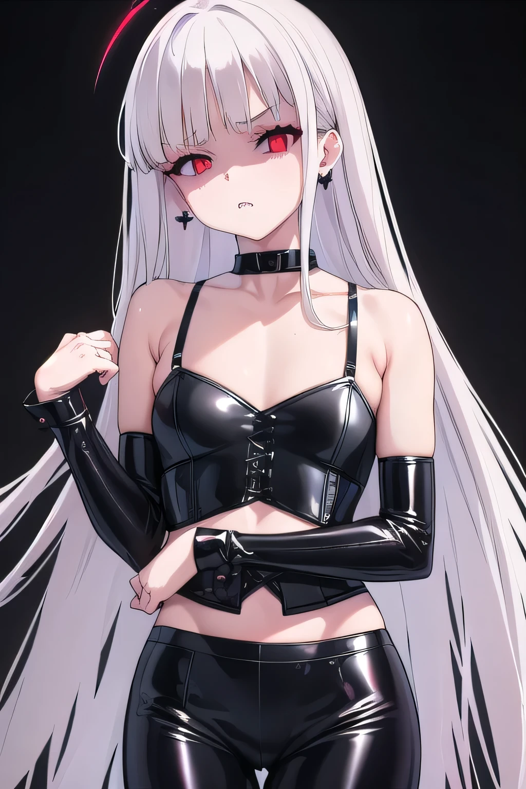 masterpiece, best quality, ultra-high-detailed, Disgusted face, white hair, red eyes, sigtuna julie , small breast, looking to viewer, deep eyes,  glare eyes, black latex, crop top, black corset, latex pants, eyeshadow, makeup, bare shoulder, earrings, Gothic , eyeshadow, black background, all body, upper latex