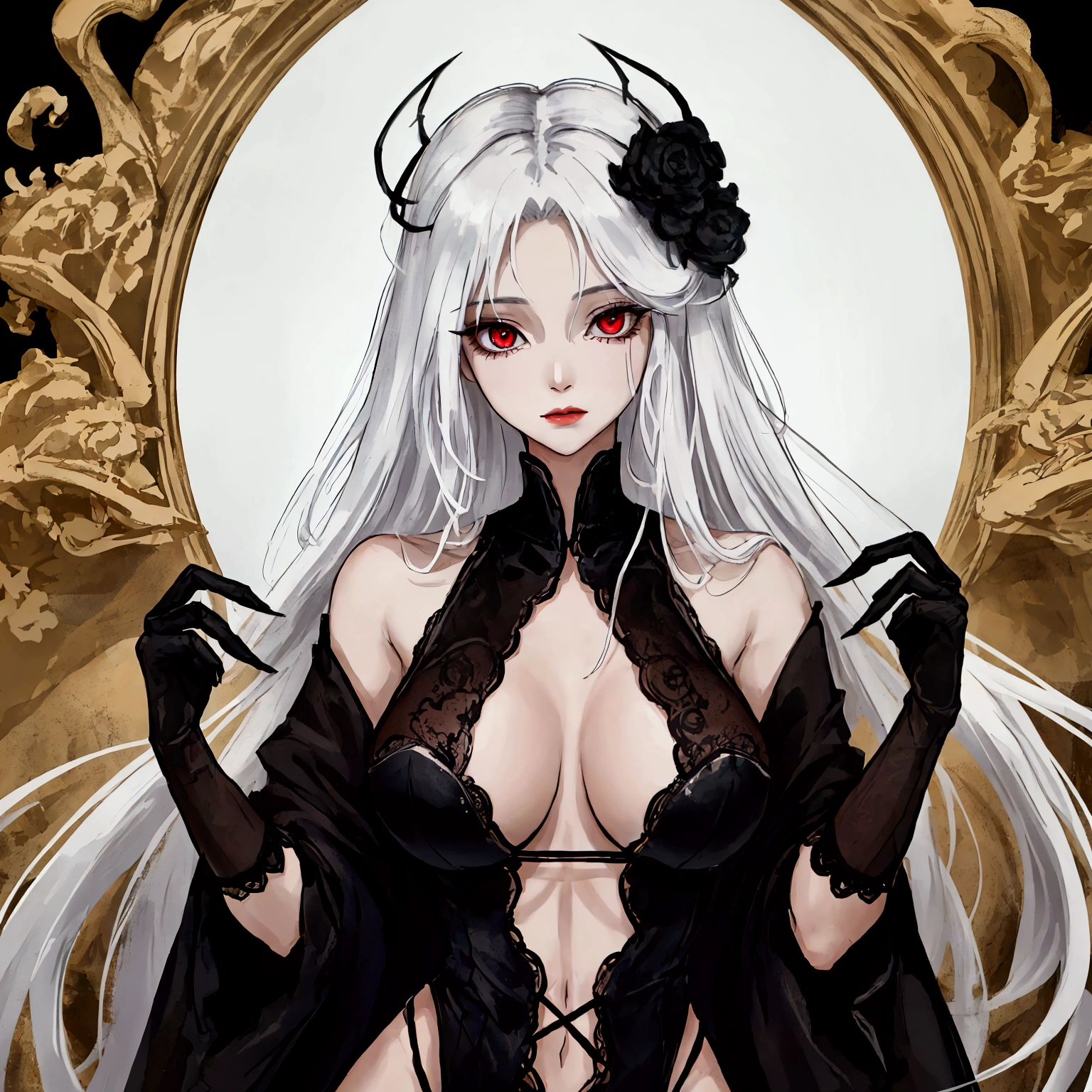 (Ashenhardt style:1.4), Masterpiece, Best quality, High quality,(Red eyes with dark red glow), (in profile), Abstraction, Deep Sea, Award-winning photography, Depth of field, HDR, Very detailed, Trending in art station, Trending in CGsociety, Complex, High detail,(Masterpiece: 1.2, highest quality), (Best lighting, very delicate and beautiful), (Best lighting, Very delicate and beautiful), (beautiful detailed face), (detailed eyes and detailed face:1.2), dark fantasy, (young girl, 1girl, solo, crazy smile, pale skin,G cup,cleavage,19 piercings,((tattoo all over body,tribal tattoo all over foot)) gray hair, red glowing eyes, dynamic angle, vampire), ((back art paint on the ground, pointy_ears, fangs, blood on face, blood rain, blood mist, (depth of field),high contrast,(blood splash:1.4),cowboy shot,full body, colorful poses,((Uniform,Blazer,Ruffled miniskirt,Light colored panties:1)),Cowboy shot,Denim jacket, really short clothes, visible pussy, NSFW