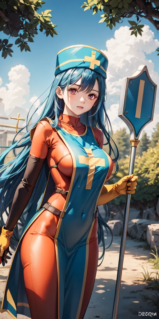 (masterpiece, best quality:1.1), priest \(dq3\), 1girl, solo, long hair, blue hair, red eyes, mitre, tabard, cross print, orange bodysuit, elbow gloves, large breasts, holding, staff, nature, blue sky <lora:DQ3PRIEST-000005:1>