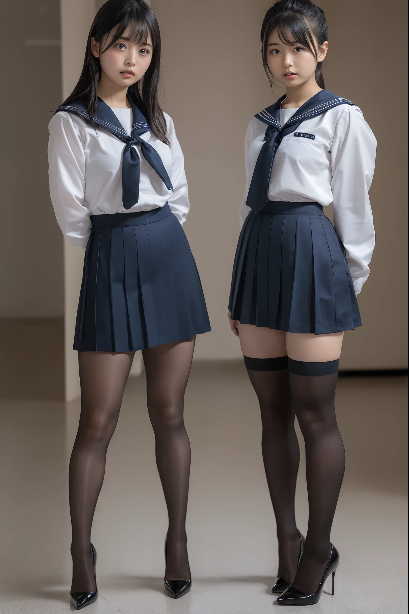 ( Closeup of two Japanese ******girls  ), ( standing facing you), ( She Always Wears Black Tights .),   full body photo 撮影,  High Quality , 16k, ( RAW photo:1.4),  high definition , ( Composition away from the subject), (顔から足首までの  full body photo ), ( perfect anatomy), 2 women, 24 years old, The sisters wear the same uniform,  Wears Navy Blue Sailor Suit and Micro Miniskirt ,  Full Body Shot of a Woman Wearing an Extra Small Miniskirt and Unreinforced Black Tights,(8k), (最 High Quality : 1.5),  very detailed, Big Breasts,  clevis on a stone, (  full body photo ), Large build, ( Super Short Tight Miniskirt Sailor Uniform ), (Super cute face), ( blonde alone),  short hair, Glare, Make a frown, Looking down from here, Stand in the middle of the hallway, ( Light Grey Background Studio ), (Glamorous Black Tights ), (High Heels Thick Soled High Heels ),  simple uniform , (タイトミニスカートはVery short), ( very thick thighs:1.2), (  very long legs  :1.4), (Lack of firmness and gloss), (Very short), ( black tights that shine like oil ) , ( wear high heels), ( very thick thighs) ,(  very long legs  ), ( very thick thighs), (Plump legs)