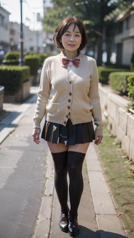 full body shot, from below,  japanese mature, 58 years old,  detailed face , Facial wrinkles, Wrinkles around the eyes, smile,  Detailed Skin Textures ,  white skin,  long hair, (curvy body,  plump thighs:1.3), (earrings,  Necklaces , red bowtie, brown cardigan, red skirt, pleated skirt, micro miniskirt:1.2), (black thighhighs,  wears high heels:1.2), (Standing on the sidewalk,  full body shot from toe to head wearing black high heels:1.2), (surrealism, best quality, ultra detailed, absolutely resolution, 8k, anatomically correct), depth of field, looking at viewer, (gal.safetensors), full body, model posing,  detailed face , 58 years oldの熟女がコスプレしている 