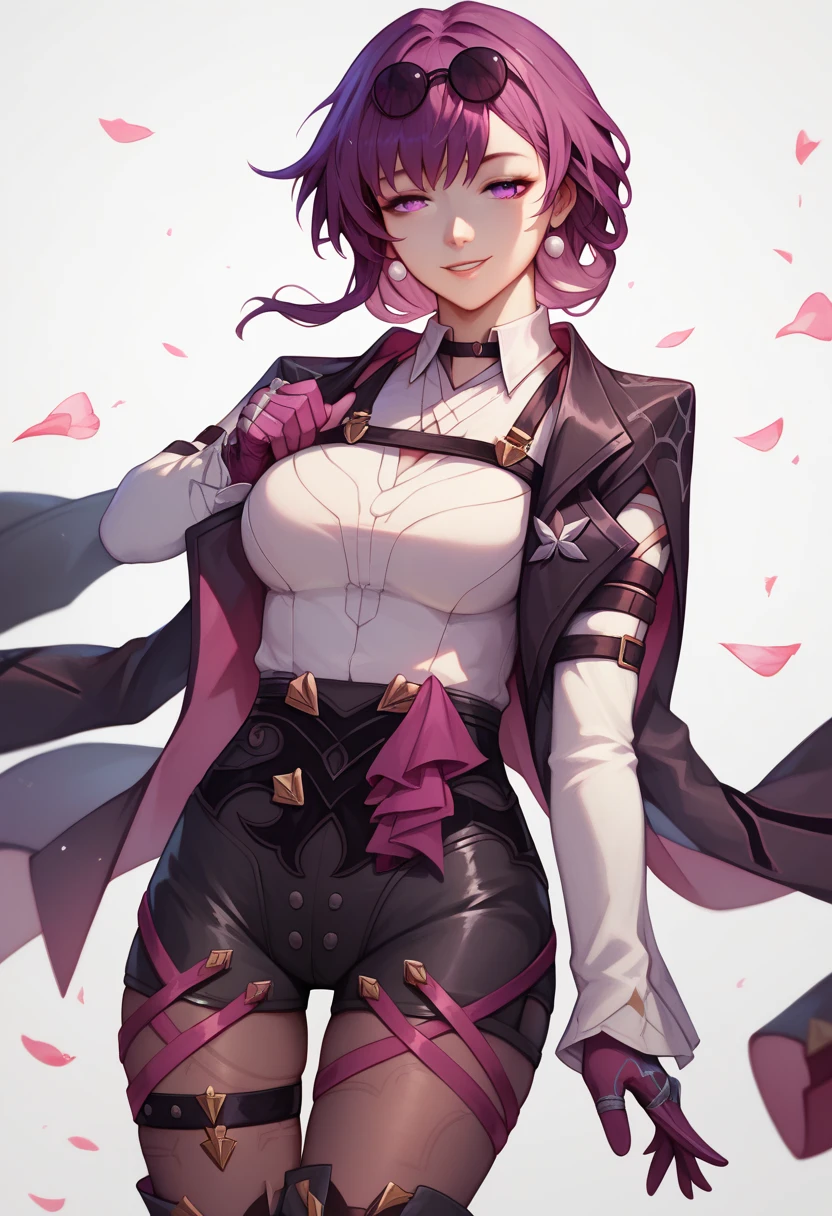 ((white background)), (perfect shading), realistic style, Ray tracing, (masterpiece), best quality, medium breasts, outdoor, smile, half closed eyes, cowboy shot, choker, long sleeves, collared shirt, black shorts, purple gloves, purple straps, pantyhose, black jacket, jacket on shoulder, arm strap, earrings, thigh boots, thigh strap, kafka (star rail), eyewear on head, sunglasses, bangs, short hair, long hair,  purple hair, purple eyes