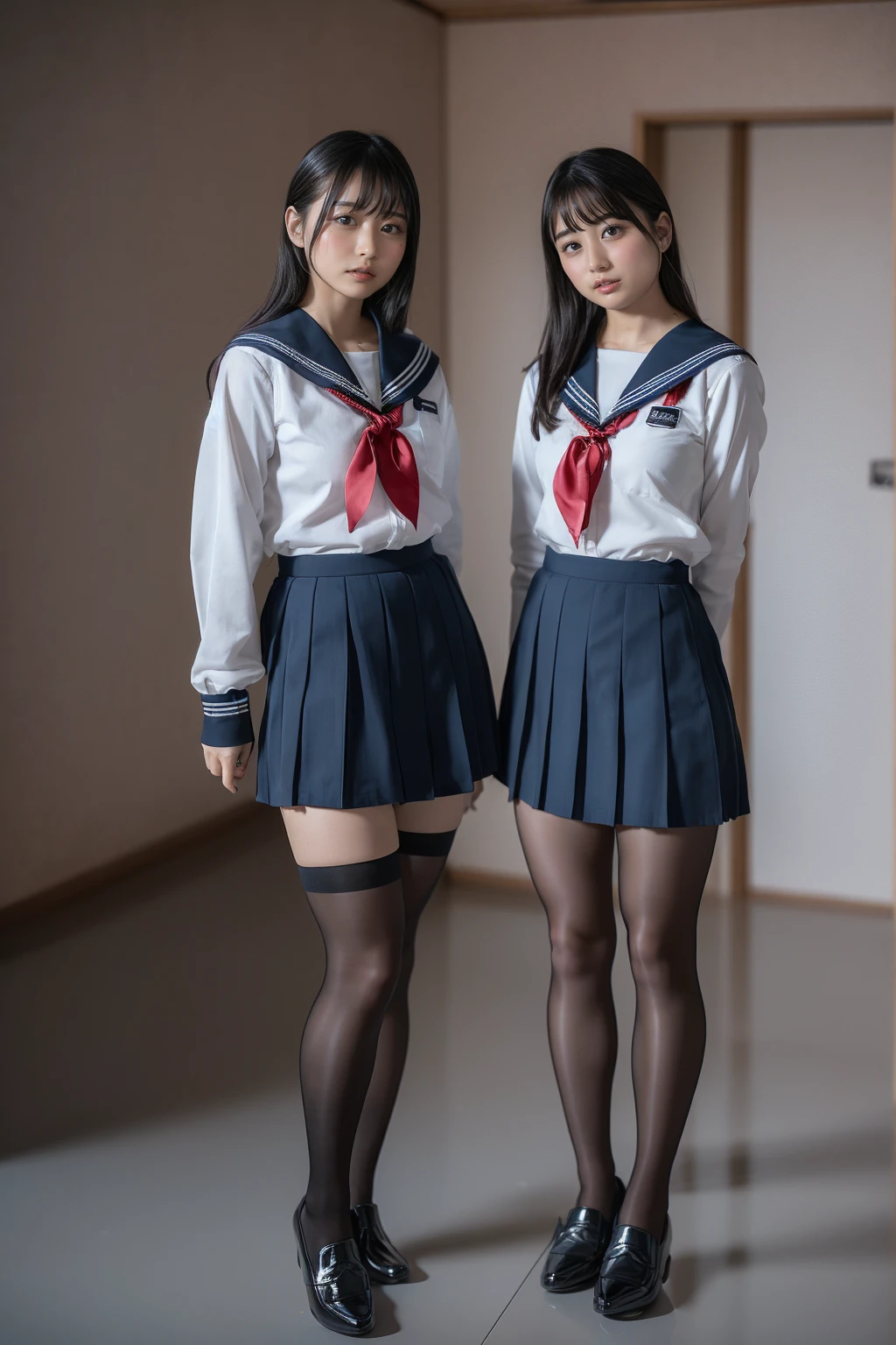 ( Closeup of two Japanese ******girls  ), ( standing facing you), ( She Always Wears Black Tights .),   full body photo 撮影,  High Quality , 16k, ( RAW photo:1.4),  high definition , ( Composition away from the subject), (顔から足首までの  full body photo ), ( perfect anatomy), 2 women, 24 years old, The sisters wear the same uniform,  Wears Navy Blue Sailor Suit and Micro Miniskirt ,  Full Body Shot of a Woman Wearing an Extra Small Miniskirt and Unreinforced Black Tights,(8k), (最 High Quality : 1.5),  very detailed, Big Breasts,  clevis on a stone, (  full body photo ), Large build, ( Super Short Tight Miniskirt Sailor Uniform ), (Super cute face),  dark hair short hair, Glare, Make a frown, Looking down from here, Stand in the middle of the hallway, ( Light Grey Background Studio ), (Glamorous Black Tights ), (Thick soled loafers with high heels ),  simple uniform , (タイトミニスカートはVery short), ( very thick thighs:1.2), (  very long legs  :1.4), (Lack of firmness and gloss), (Very short), ( black tights that shine like oil ) , ( wear loafers with high heels), ( very thick thighs) ,(  very long legs  ), ( very thick thighs), (Plump legs)