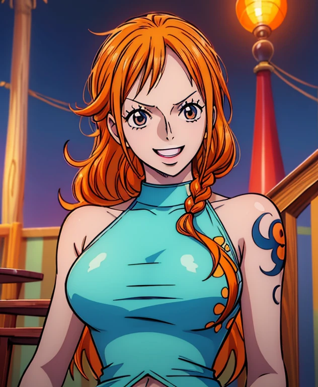 (ANIME ART STYLE) nami (ONE PIECE), with long orange hair, brown eyes, wearing  wano clothes , (wano arc) blush face, smiling.