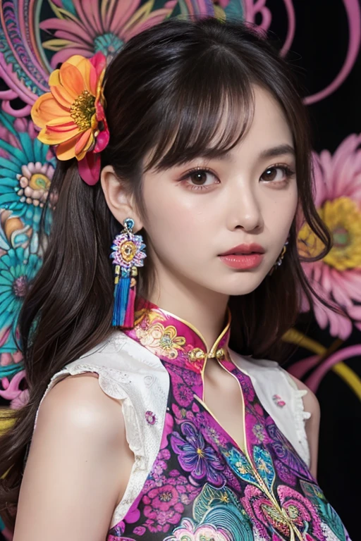 (masterpiece:1.4), (best quality:1.4), ultra high res, ultra high resolution, ((detailed facial features)), HDR, (realistic, photorealistic, photo-realistic:1.37), full body Esbian, sexy Vietnamese model, (-anime), only 1 model, vivid colors, ((vivid colors multicolor (fuchsia, pink, light blue, purple) very short hair)), (beautiful smile), lip-gloss, long lashes, defined eyebrows, wearing large sparkling colorful jewelery, wearing a red silk Paradise Kiss cosplay dress with black floral embroidery, ((vivid colors outfit)), vivid colors, look at the camera, cinematic light, large park background with trees, sweet and sexy pose