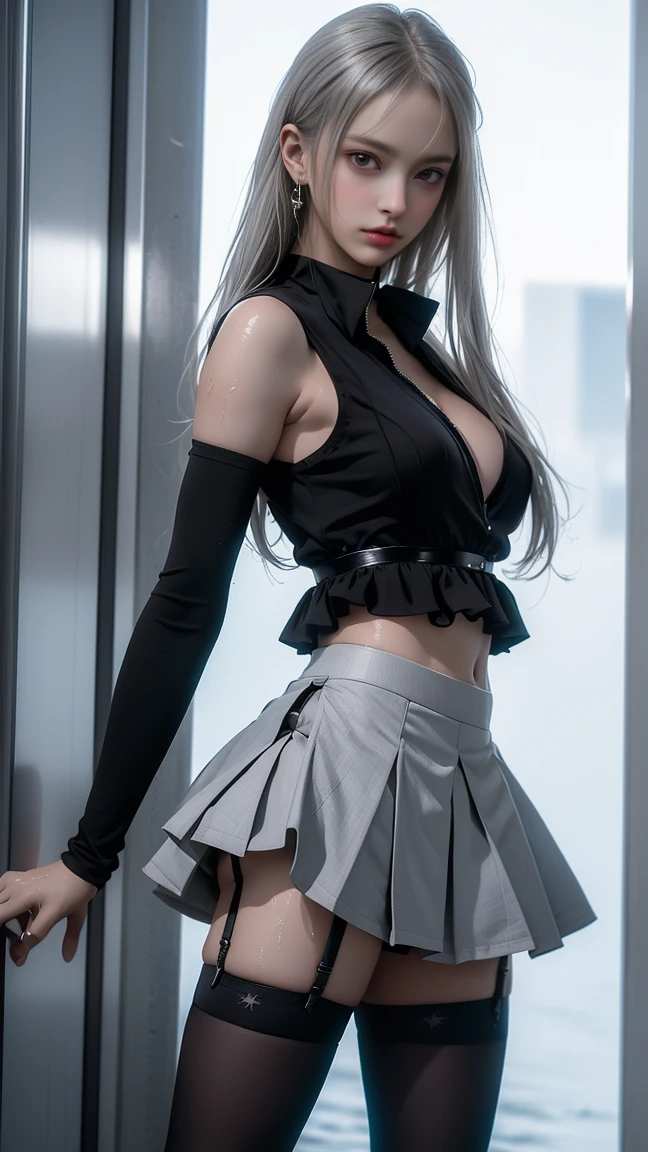 (((Anime))), (Girl in purple wet shirt-dress and light gray tight pleated slim skirt), (((black)) stockings), cleavage, see-through, cute, zettai ryouiki, white hair, full body, bra, slim body, slim girl model, 24-year-old female model, lying on table, ((wet)), ((standing nipples under cloth))