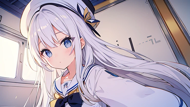 Extremadamente detallado gran calidad de imagen 1 white-haired girl with ribbon decorations on her head, blue eyes in school mini skirt navy Women with white stockings at home show panties