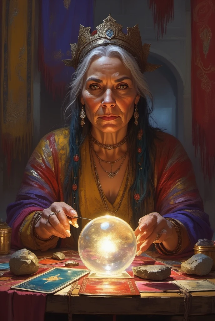 digital painting portrait of an older handsome gypsy woman sits behind a table strewn with scrying devices a glowing crystal ball and tarot cards and stones tied with wire fortune-teller gypsy in her tent varied hangings