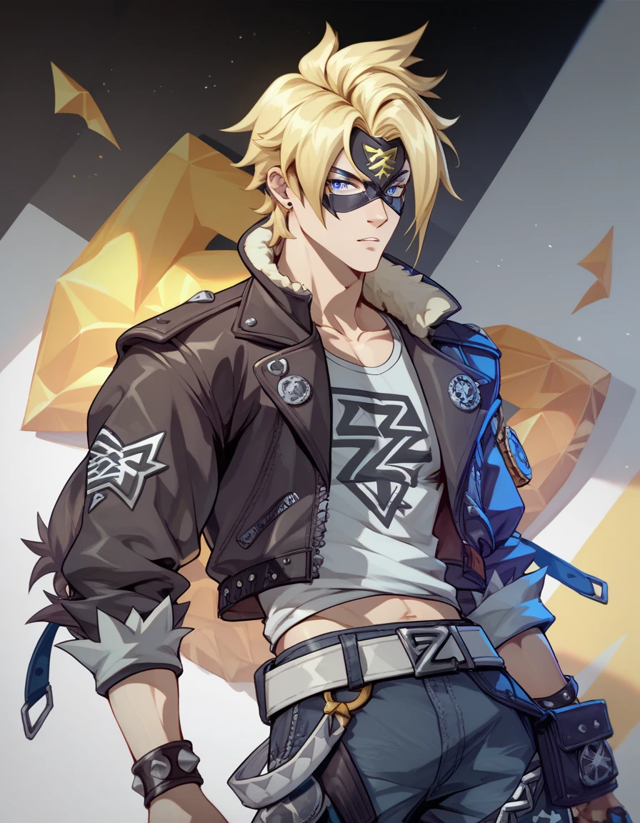 solo, dutch angle, (darkskin)+,boyish, big forehead, men's short cut,blonde spiky hair, male eyes, male nose, male mouth, handsome features, psychedelic punk clothes, in a snobbish way pose,