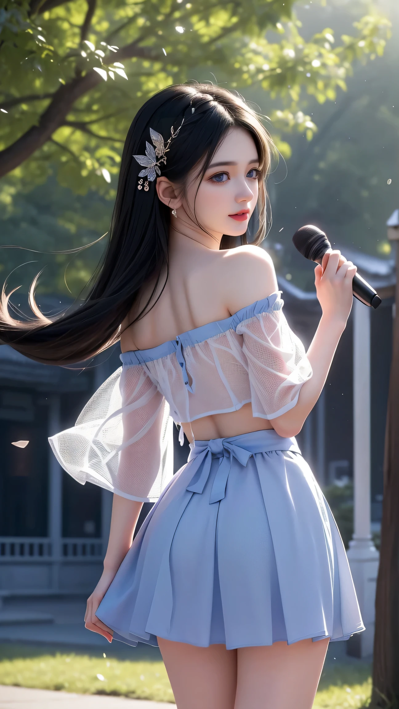 
((Girls standing on an outdoor stage))、(( back view))、(( Looking Back))、Fluorescent Color、1 girl、 facing the side、 beautiful face、 beautiful eyes、（ off-shoulder ：1.2）、(Girls dancing)、( dancing ) shiny hair、Glowing Skin、 Reduce glare、Adjust finger ratios、Escrow、throw、 Dynamic Angle 、(((Master part)))、((( top quality)))、(((Super details)))  Details）、（Illustration）、(( pee]))（ Detailsな光）、（ very delicate and beautiful ）、 Dramatic Shadows 、 ray tracking 、reflection、  super high resolution、((Girl with colorful hair and black hair with mesh))、  hair fluttering in the wind 、(Big deep blue eyes)、 dark-haired woman、 Sparkling butterfly、（ dark-haired woman、 blond woman)Light spots around a woman、 Dreamy Charm 、Green dot、Aura Sobre Natural 、 Super Magical Aura Dark-haired Woman 、(( White Off-Shoulder Translucent White Dress Miniskirt Type:1.3))、( sleeveless)、((Skirts fluttering in the wind))、((  Pee Lively )),(( old European castles vaguely visible in the distance ))、(( holding a microphone ))、AW Photo、 top quality、masterpiece:1.2)、( real、 real:1. 37)、 Extremely Detailed、  super high resolution、  1 girl 、 Viewers、 beautiful て濃い顔、daughter、Small waist、(Small waist):1.2、( beautiful て濃い顔、daughter、Small waist):1.3、( beautiful て濃い顔、daughter、Small waist):1.4。3)、Beautiful smooth skin、 skin texture、Protruding fur 、 professional lighting、human body、中華料理店で Wakino を上げる、 Wakino を見せて、 laughs、 Raise Your Side at a Chinese Restaurant 、  beautiful lighting from the front、 from the front、 Wakino 、, raise arms、hara 、 Wakino 、Show your side、(( lower chest are visible )) sleeveless、upper armを見せる、upper arm、 raise your hand、Both, raise arms（,Girls Who Pee ）