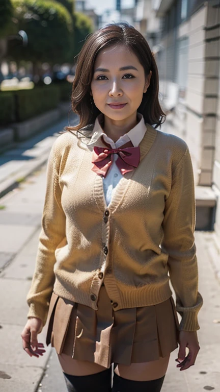 full body shot, from below,  japanese mature, 58 years old,  detailed face , Facial wrinkles, Wrinkles around the eyes, smile,  Detailed Skin Textures ,  white skin,  long hair, (curvy body,  plump thighs:1.3), (earrings,  Necklaces , red bowtie, brown cardigan, red skirt, pleated skirt, micro miniskirt:1.2), (black thighhighs,  wears high heels:1.2), (Standing on the sidewalk,  full body shot from toe to head wearing black high heels:1.2), (surrealism, best quality, ultra detailed, absolutely resolution, 8k, anatomically correct), depth of field, looking at viewer, (gal.safetensors), full body, model posing,  detailed face , 58 years oldの熟女がコスプレしている 