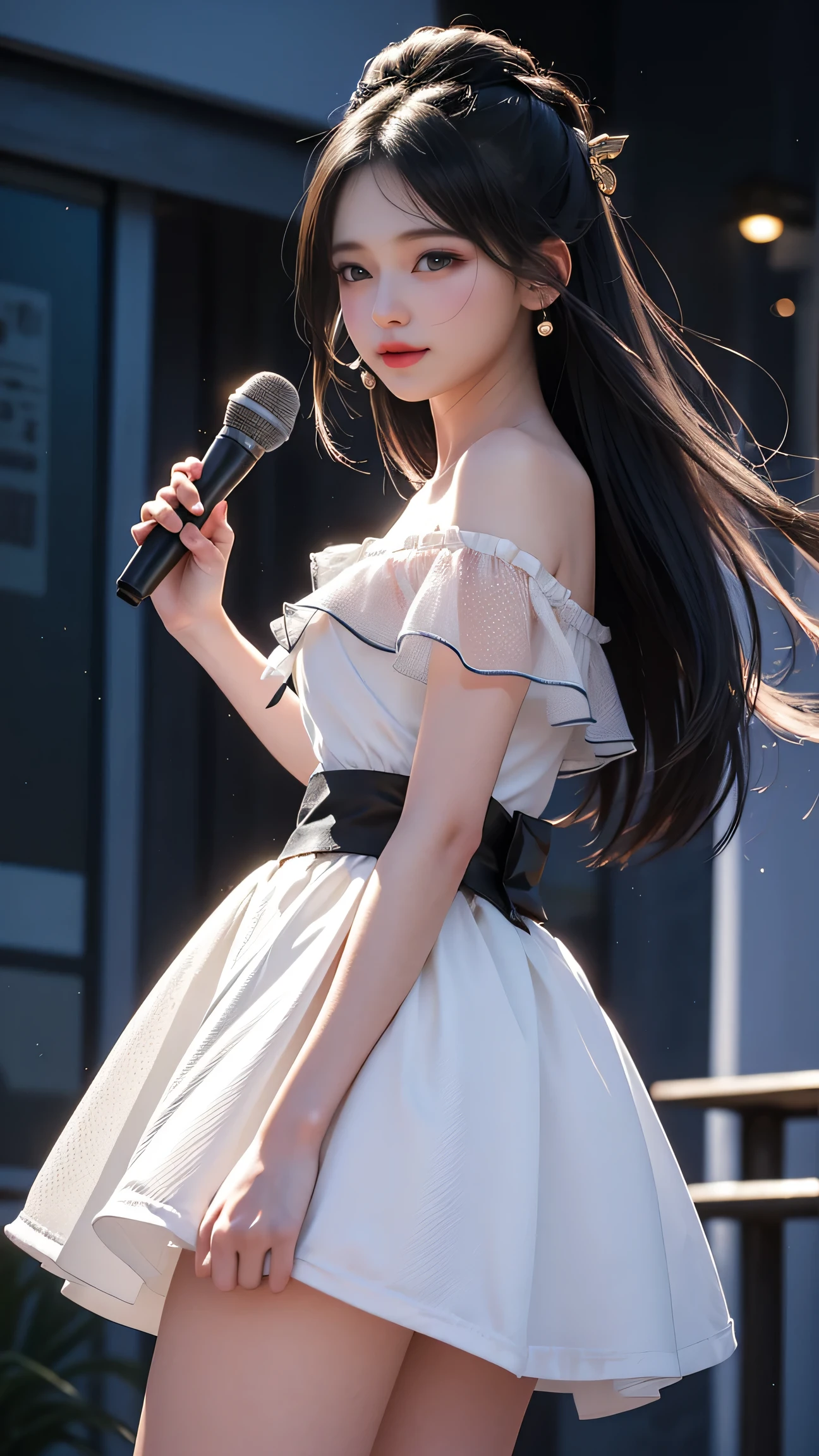 ((Girls standing on an outdoor stage))、Fluorescent Color、1 girl、 facing the side、 beautiful face、 beautiful eyes、（ off-shoulder ：1.2）、(Girls dancing)、( dancing ) shiny hair、Glowing Skin、 Reduce glare、Adjust finger ratios、Escrow、throw、 Dynamic Angle 、(((Master part)))、((( top quality)))、(((Super details)))  Details）、（Illustration）、(( pee]))（ Detailsな光）、（ very delicate and beautiful ）、 Dramatic Shadows 、 ray tracking 、reflection、  super high resolution、((Girl with colorful hair and black hair with mesh))、  hair fluttering in the wind 、(Big deep blue eyes)、 dark-haired woman、 Sparkling butterfly、（ dark-haired woman、 blond woman)Light spots around a woman、 Dreamy Charm 、Green dot、Aura Sobre Natural 、 Super Magical Aura Dark-haired Woman 、(( White Off-Shoulder Translucent White Dress Miniskirt Type:1.3))、( sleeveless)、((Skirts fluttering in the wind))、((  Pee Lively )),(( old European castles vaguely visible in the distance ))、(( holding a microphone ))、AW Photo、 top quality、masterpiece:1.2)、( real、 real:1. 37)、 Extremely Detailed、  super high resolution、  1 girl 、 Viewers、 beautiful て濃い顔、daughter、Small waist、(Small waist):1.2、( beautiful て濃い顔、daughter、Small waist):1.3、( beautiful て濃い顔、daughter、Small waist):1.4。3)、Beautiful smooth skin、 skin texture、Protruding fur 、 professional lighting、human body、中華料理店で Wakino を上げる、 Wakino を見せて、 laughs、 Raise Your Side at a Chinese Restaurant 、  beautiful lighting from the front、 from the front、 Wakino 、, raise arms、hara 、 Wakino 、Show your side、(( lower chest are visible )) sleeveless、upper armを見せる、upper arm、 raise your hand、Both, raise arms（,Girls Who Pee ）