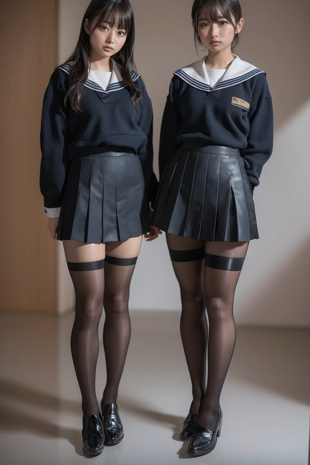 ( Closeup of two Japanese schoolgirls  ), ( standing facing you), ( She Always Wears Black Tights .),   full body photo 撮影,  High Quality , 16k, ( RAW photo:1.4),  high definition , ( Composition away from the subject), (顔から足首までの  full body photo ), ( perfect anatomy), 2 women, 24 years old, The sisters wear the same uniform,  wearing a dark blue sailor suit and a super mini skirt ,  wearing a pleated miniskirt that is too short and unreinforced black tights,(8k), (最 High Quality : 1.5),  very detailed, Big Breasts,  clevis on a stone, (  full body photo ), Large build, ( Super Short Tight Miniskirt Sailor Uniform ), (Super cute face), ( blonde alone),  short hair, Glare, Make a frown, Looking down from here, Stand in the middle of the hallway, ( Light Grey Background Studio ), (Glamorous Black Tights ), (Thick soled loafers with high heels ),  simple uniform , (タイトミニスカートはVery short), ( very thick thighs:1.2), (  very long legs  :1.4), (Lack of firmness and gloss), (Very short), ( black tights that shine like oil ) , (Full body shot of a woman wearing thick, high-heeled loafers ), ( very thick thighs) ,(  very long legs  ), ( very thick thighs), (Plump legs)