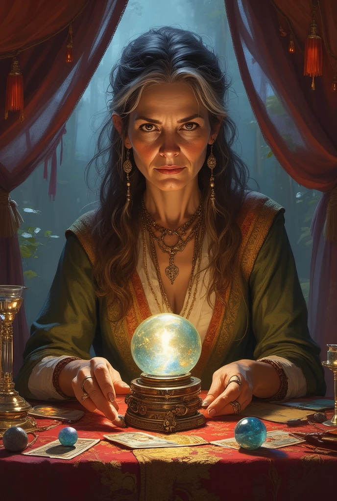 digital painting portrait of an older handsome gypsy woman sits behind a table strewn with scrying devices a glowing crystal ball and tarot cards and stones tied with wire fortune-teller gypsy in her tent varied hangings