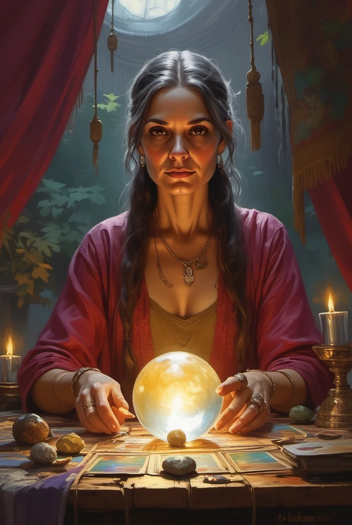 digital painting portrait of an older handsome gypsy woman sits behind a table strewn with scrying devices a glowing crystal ball and tarot cards and stones tied with wire fortune-teller gypsy in her tent varied hangings