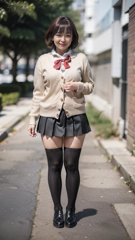 full body shot, from below,  japanese mature, 58 years old,  detailed face , Facial wrinkles, Wrinkles around the eyes, smile,  Detailed Skin Textures ,  white skin,  long hair, (curvy body,  plump thighs:1.3), (earrings,  Necklaces , red bowtie, brown cardigan, red skirt, pleated skirt, micro miniskirt:1.2), (black thighhighs,  wears high heels:1.2), (Standing on the sidewalk,  full body shot from toe to head wearing black high heels:1.2), (surrealism, best quality, ultra detailed, absolutely resolution, 8k, anatomically correct), depth of field, looking at viewer, (gal.safetensors), full body, model posing,  detailed face , 58 years oldの熟女がコスプレしている 