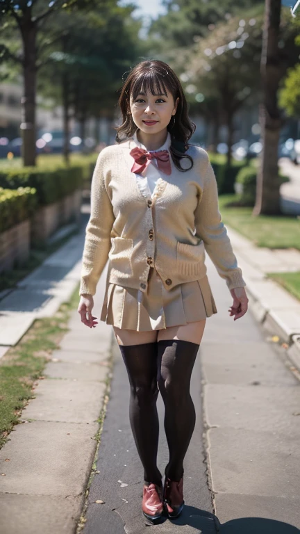 full body shot, from below,  japanese mature, 58 years old,  detailed face , Facial wrinkles, Wrinkles around the eyes, smile,  Detailed Skin Textures ,  white skin,  long hair, (curvy body,  plump thighs:1.3), (earrings,  Necklaces , red bowtie, brown cardigan, red skirt, pleated skirt, micro miniskirt:1.2), (black thighhighs,  wears high heels:1.2), (Standing on the sidewalk,  full body shot from toe to head wearing black high heels:1.2), (surrealism, best quality, ultra detailed, absolutely resolution, 8k, anatomically correct), depth of field, looking at viewer, (gal.safetensors), full body, model posing,  detailed face , 58 years oldの熟女がコスプレしている 