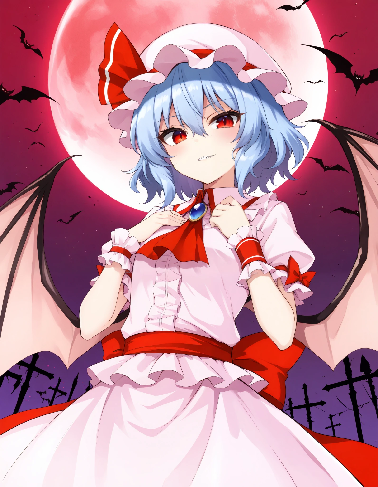 1girl, solo, Diabolical, Ruined palace in the distance, newest, highres, absurdres, highly detailed, best quality,
Anime Girls, blue hair, dress, frills, hat, hat ribbon, mob cap, pink dress, puffy sleeves, red ascot, red eyes, red sash, remilia scarlet, ribbon, sash, short hair, short sleeves, white dress, wings, wrist cuffs, flying bat background, 
red full moon, night sky, night, red moonlight, 
Score_9,Score_8,score_7_up,source_anime, rating_questionable,