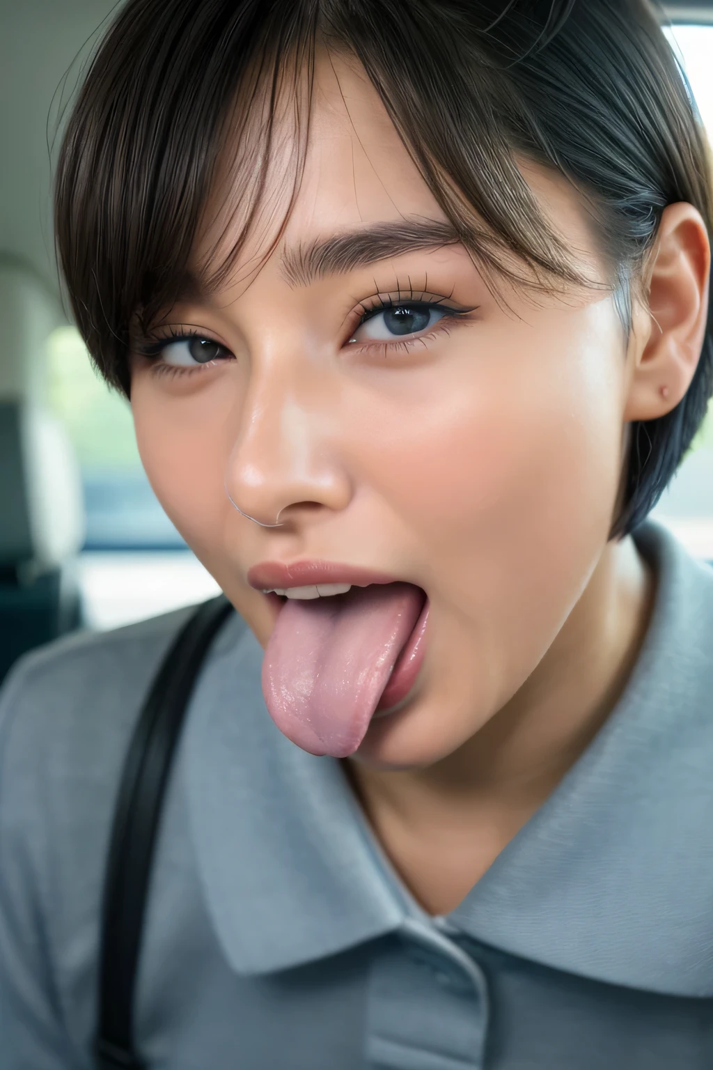 Taylor Hill、Beautiful Japanese Actresses,1 person、超     1 zoom photo of Down High Definition   , retina, Accurate,     Masterpiece  ,    anatomically correct,    very detailed,    wrinkled skin ,      attention to detail   ,    High Quality  ,      1 zoom photo of Down High Definition   , 8k、、   big double eyes、nose、I'm focusing on my mouth 、  face close-up focus  、    Woman with her mouth open and her eyes closed  、1、   black hair 、tongue out, tongue,  Obsession with realistic eyelashes after drooling ,    drooling with passengers   ,  Ahehe , long tongue, verbal hospitality  ,     tug my hair  ,    gray background  ,  half backlight  ,uniform,((short bob cut))