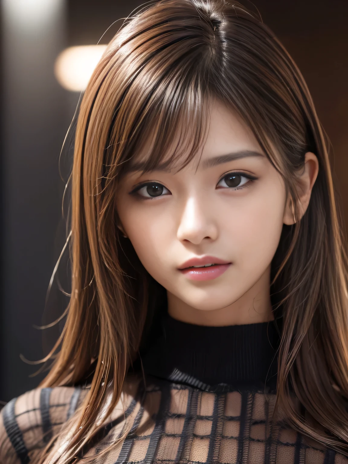 masterpiece, best quality, ultra-detailed, intricately detailed hyperdetailed, realistic, sharp features, highly detailed, sharp focus, perfect face, perfect face, perfect symmetrically perfect eyes, perfect full lips, flexible female form, cinematic, film light, hyper detailed, hyper realistic, high resolution, vibrant, dynamic studio lighting, ((Dark background)), Sexy face, Facial expressions when receiving pleasure, straight Bangs, Big breasts, Exposed cleavage, brown Eyes, black sweater, cowboy shot,