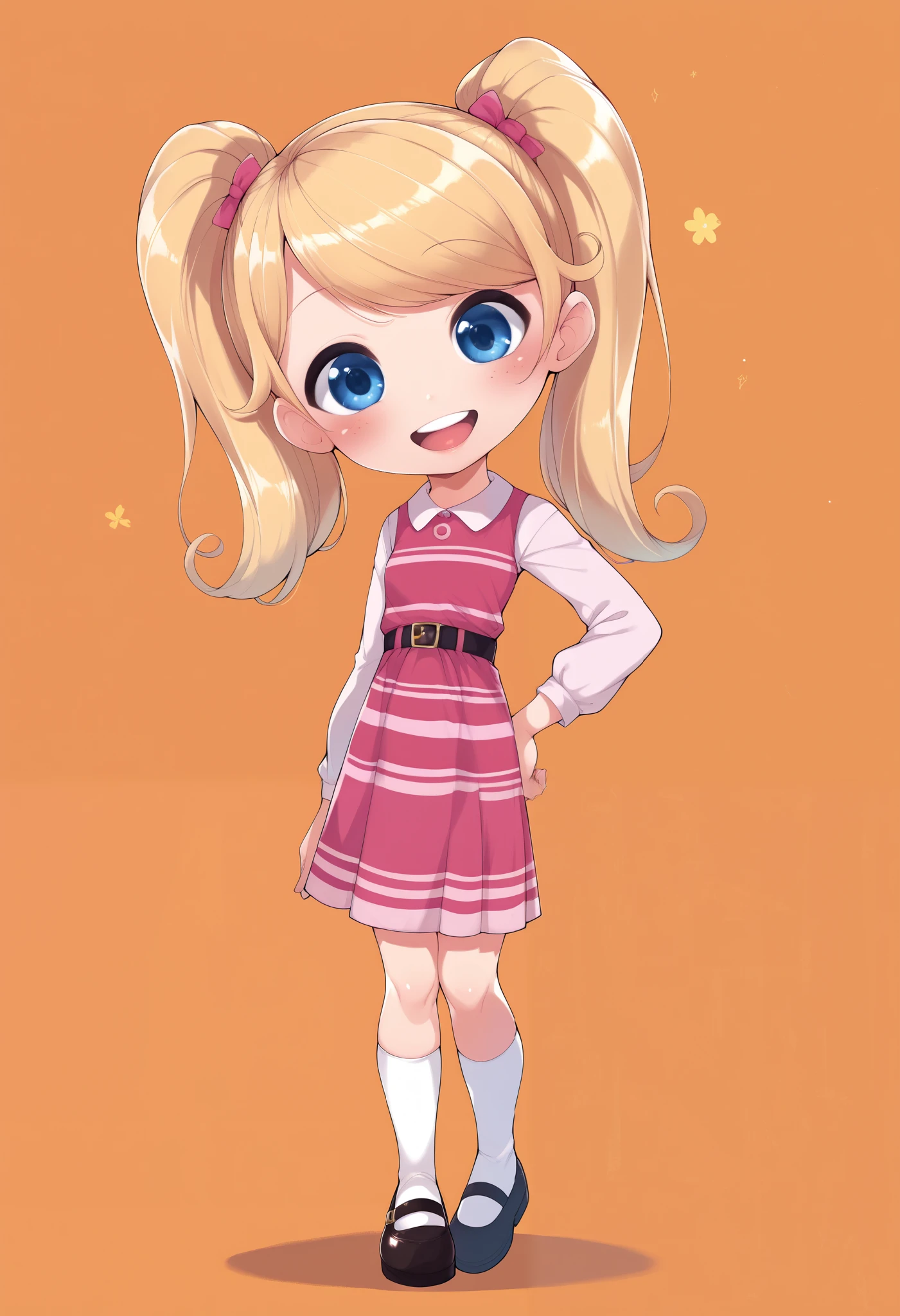 1girl, full body, solo, penny peterson, blue eyes, freckles, blonde hair, twintails:1.5, shirt, skirt, white long tube socks, dress, pink dress, long sleeves, mary janes, cute smile, one hand on hip, happy, giggling Expression, laughter, teeth, Sakura trees, joyful, ,excited expression ,brightly sunshine, beautiful art, looking at viewer, chibi, BREAK, BREAK lora:add-detail-xl:1>, zPDXLxxx, zPDXL2