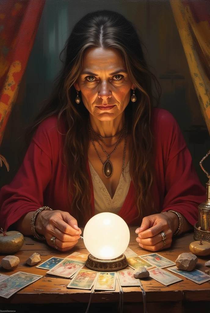  
oil painting portrait of an older handsome gypsy woman sits behind a table strewn with scrying devices a glowing crystal ball and tarot cards and stones tied with wire fortune-teller gypsy in her tent varied hangings