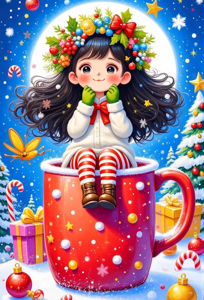 ,realistic image in the center of a girl with very long Black Hair mischievous winged butterfly  , , bright and deep eyes   ,   Black Hair,  The waves are long with two braids  ,,   The image shows a festive and fantasy scene   ,    sitting on the edge of a large red cup with a green ribbon   .  She has long blonde hair ,   decorated with leaves made of acacia berries Ebum and leaves Christmas wreath   .    She wears a red and white striped tights and green gloves   ,    evokes the traditional colors of the festival   .   with candy canes on the background   ,    colored wrapping paper for gifts and more red Christmas ornaments to match the colors of the bright blue and red cups.   , snowflakes fall around the scene   ,    suggests that the festival takes place outdoors   .A bright blue moon 