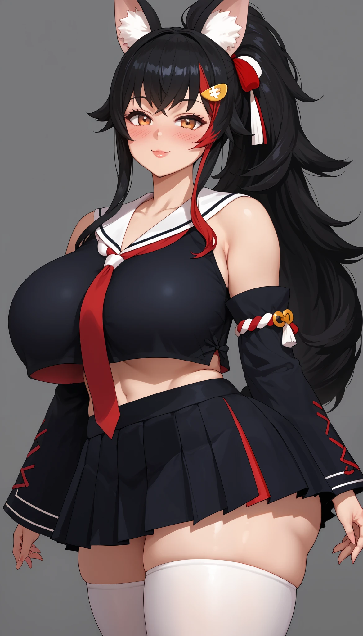 ((sexy girl)), bimbo, cute, suggestive, sagging gigantic breasts, big butts, thick thighs, huge tits, huge ass,
glamorous, blushing, flushed face, mio_base, hair ornament, sailor collar, red necktie, black shirt, black skirt, detached sleeves, midriff, kouhaku nawa, white thighhighs, tail wrap, tail around leg
Score_9,Score_8,score_7_up,source_anime, rating_questionable,