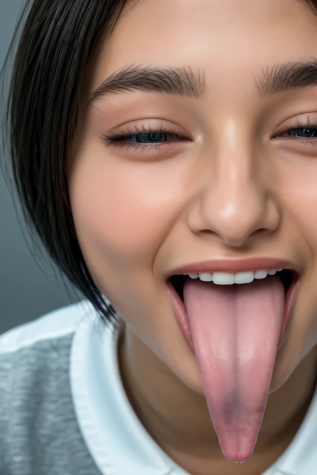 Taylor Hill、1 person、超     1 zoom photo of Down High Definition   , retina, Accurate,     Masterpiece  ,    anatomically correct,    very detailed,    wrinkled skin ,      attention to detail   ,    High Quality  ,      1 zoom photo of Down High Definition   , 8k、、   big double eyes、nose、I'm focusing on my mouth 、  face close-up focus  、    Woman with her mouth open and her eyes closed  、1、   black hair 、tongue out, tongue,  Obsession with realistic eyelashes after drooling ,    drooling with passengers   ,  Ahehe , long tongue, verbal hospitality  ,     tug my hair  ,    gray background  ,  half backlight  ,uniform,((short bob cut))