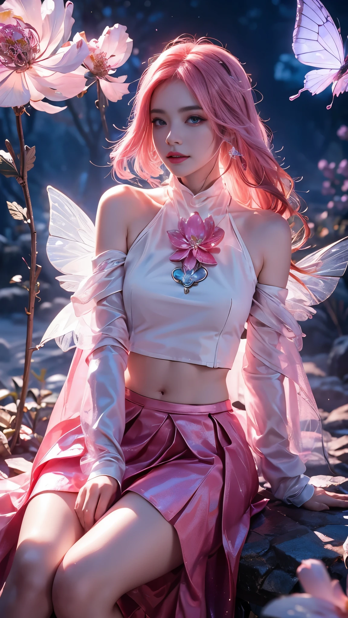 Cute and sexy girl, with pink hair, bunnygirl, Surreal, Detailed lighting, and soul, Holding a bouquet of white flowers，highest  quality，Different actions