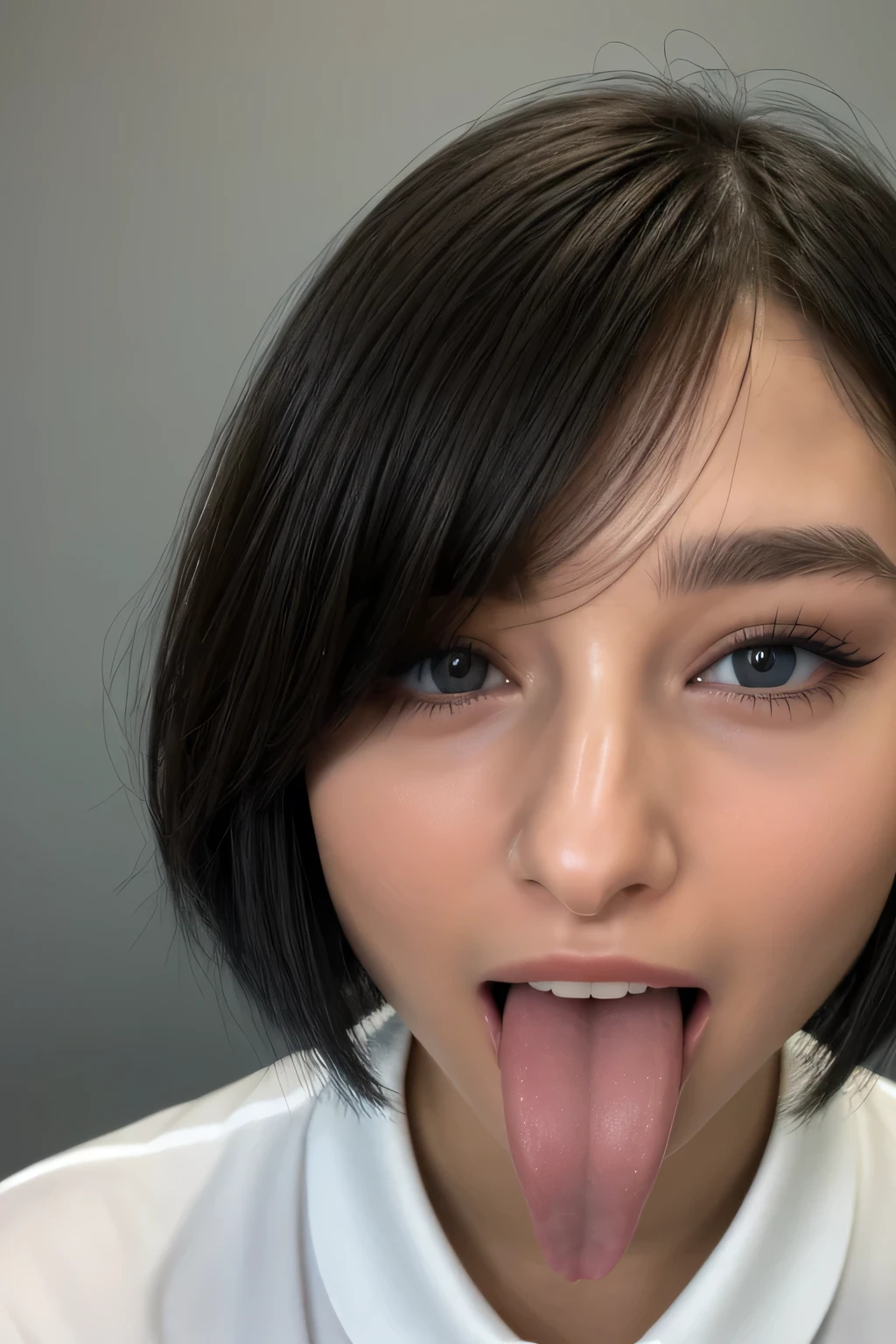 1girl、Taylor Hill、,masutepiece,,award - winning photo, Extremely detailed, sharp focus on eyes, Nose and Mouth,Face Focus, Super close-up of the face、Woman with mouth open and eyes closed,Camisole、20yr old,A dark-haired、Symmetrical face,Realistic nostrils、Angle from below、elongated C-shaped nostrils,,,,,,,NSFW,White background、Sweaty skin、Skin shiny with sweatを強調する照明、((sharp nose))Skin shiny with sweat、shinny skin、hair wet with sweat、Sunlight、(Wrinkles between the eyebrows))(cum on tongue)、Deep kiss、((tthin eyebrows))Oily skin、Shiny radiant skin、Double eyelids、wet and shiny tongue、Beautiful face woman with wet tongue full of foam、Beautie、Middle hair,Rolling eyes、short-cut、Japan idol groups、
