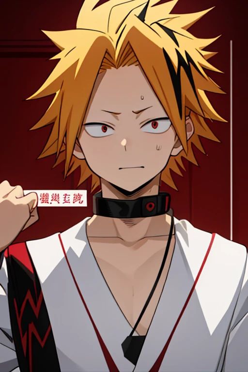 masterpiece,  Best Quality ,  HIGH QUALITY, 2 ren, Alone,  male focus,  watching the spectator, , Kaminari_thank you, blonde hair,  multicolored _hair, Hero boy costume 1 , with Eijiro Kirishima,  male focus,  watching the spectator_hair rojo ojos rojos