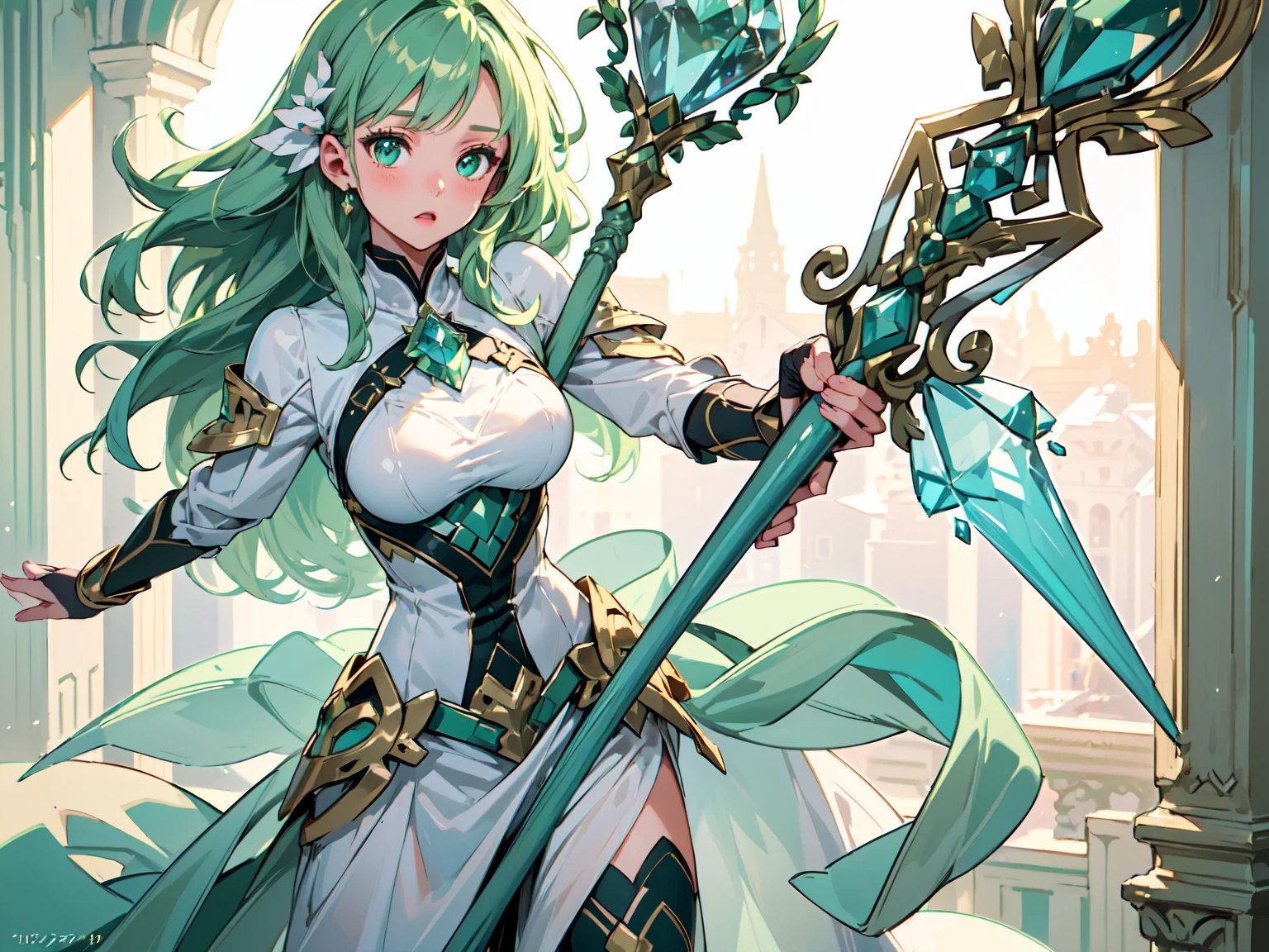 I want you to create a character with turquoise green eyes with white hair with an extraordinary physique, seriously extraordinary with a sword 