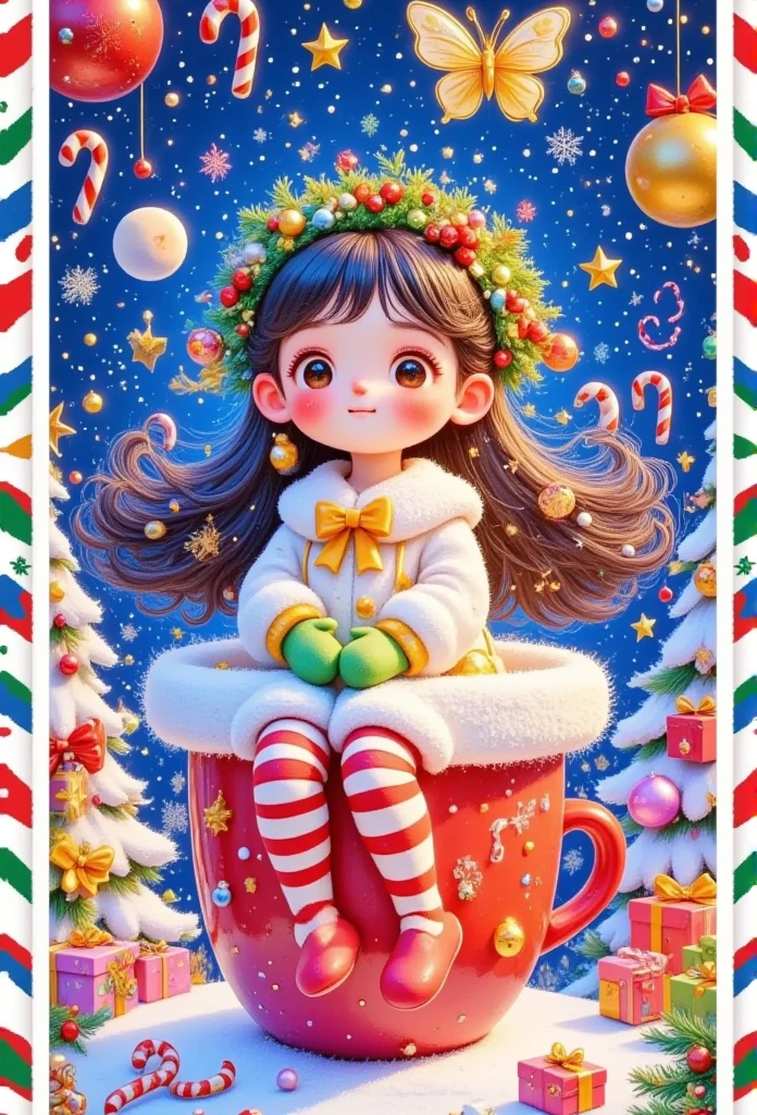 ,realistic image in the center of a girl with very long Black Hair mischievous winged butterfly  , , bright and deep eyes   ,   Black Hair,  The waves are long with two braids  ,,   The image shows a festive and fantasy scene   ,    sitting on the edge of a large red cup with a green ribbon   .  She has long blonde hair ,   decorated with leaves made of acacia berries Ebum and leaves Christmas wreath   .    She wears a red and white striped tights and green gloves   ,    evokes the traditional colors of the festival   .   with candy canes on the background   ,    colored wrapping paper for gifts and more red Christmas ornaments to match the colors of the bright blue and red cups.   , snowflakes fall around the scene   ,    suggests that the festival takes place outdoors   .A bright blue moon 