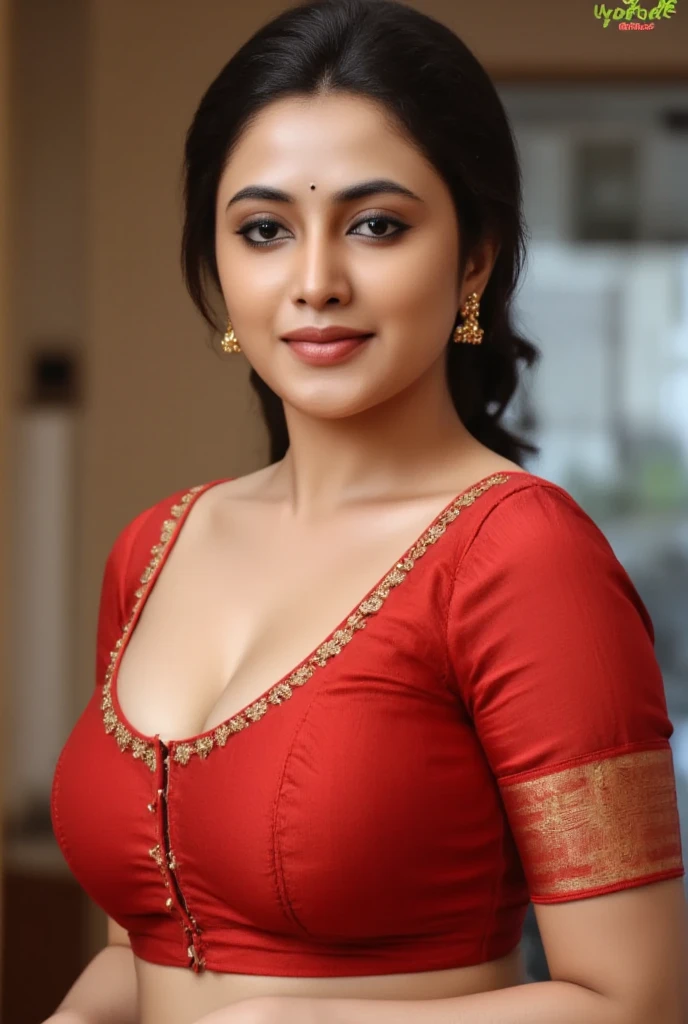 Hot boobs cleavage,red blouse,big tits, nipple slip - SeaArt AI