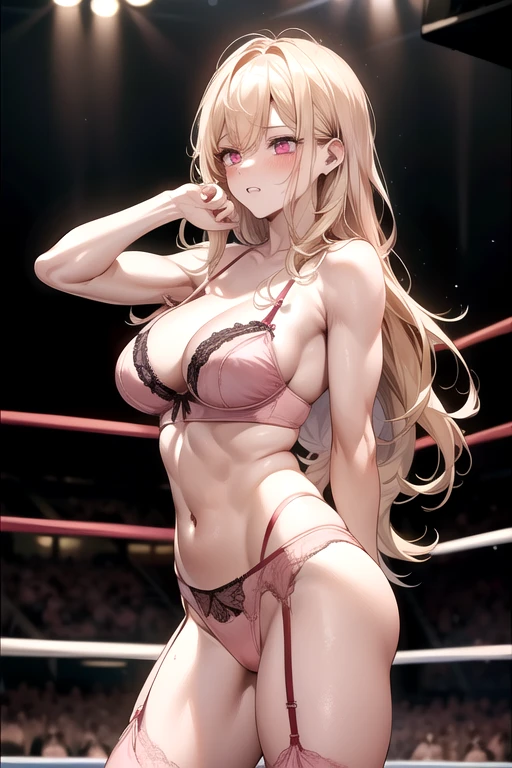 high quality, girl(28 years old), White straight hair, Red Eyes, shy,blush,Wearing sexy lingerie, Wearing black tights,Wearing white boxing gloves, Hands in boxing gloves,Cleavage,Camel toe,Long legs,Thin waist,Sitting in the boxing ring with legs spread