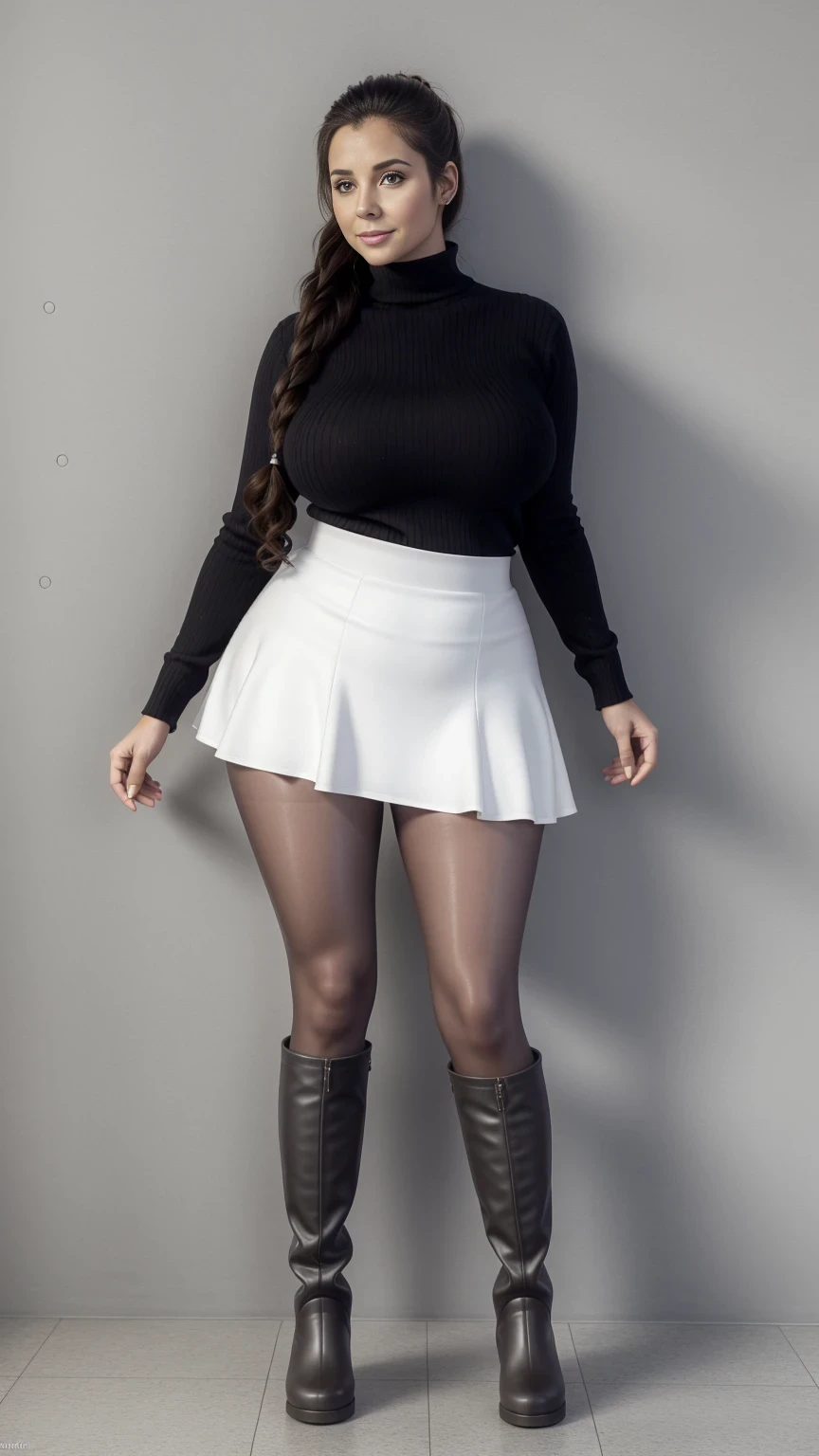 Full body shot of 1 beautiful Izrael 35yo woman , large standing upright in front of a plain white wall wet soapy face ,messy hair,long boots view from above ,one leg up ,up one leg body, voluptuous woman, dark bun messy hair, , turtleneck sweater, scarf, sexy skirt, black tights black pantyhose tempting , dreaming, curvy hourglass figure, oppai proportion, heavy exaggerated proportions short skirt tight skirt pov