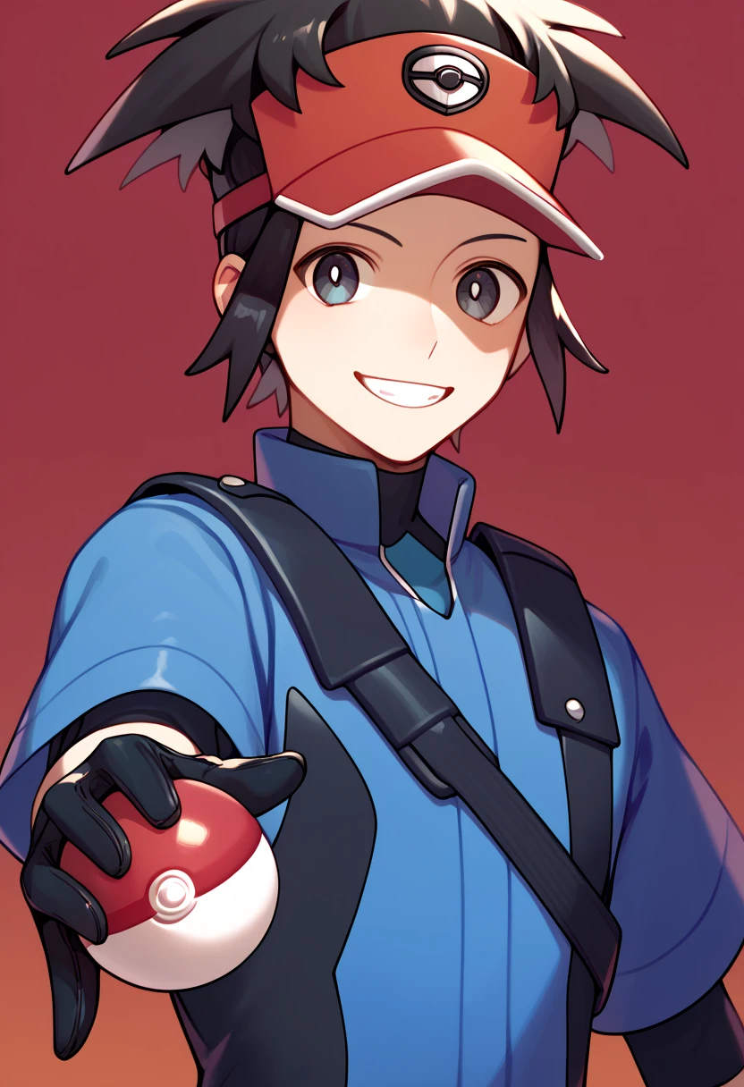 Nate, police black armor, black metalic gloves, smiling, holding a pokeball, adult version, black cap