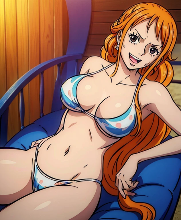  ( top quality, 4K, 8k,  high definition , masterpiece:1.2),  super detailed, ( realistic , photo realistic , photo- realistic :1.37) ,Generate a realistic anime style for Nami in ONE PIECE , must be drawn in anime style , girl with very pale orange yellow hair ,Chignon, braids , Dominant Smile , embarrassed expression ,Left shoulder tattoo, Big Breasts ,Beautiful Hair ,(Black swimsuit),Exposing your belly,Enjoy your vacation, beach chair,sea,アートスタイルはCharmingなアニメスタイルに似ている.  rendering. For enhanced visual effect, Add HDR, 超 high definition ,  Studio Lighting , Fine painting,  sharp concentration, 物理ベース rendering,  detailed description ,  professional ,  bright color, ボケはなく安定拡散 professional ンプトを、Please enter as is, Generate realistic anime style for Nami in One Piece ,((( top quality))), (( super detailed)),((masterpiece:1.5)),  detailed pictures, smile,  sexy, ( top quality: 1.4), ( One Girl ),  beautiful face, ( orange hair,  long hair: 1.3), Beautiful Hairstyle, Beautiful details of the eyes, ( realistic な肌),  Beautiful skin, Beautiful lipstick, beautiful lips, absurd, Charming, 超 high definition ,  high image quality, (Sexually excited:1.5), cinematic lighting :1.2, Sunshine Spot:1.3,Perfect means, perfect limb,Perfect means