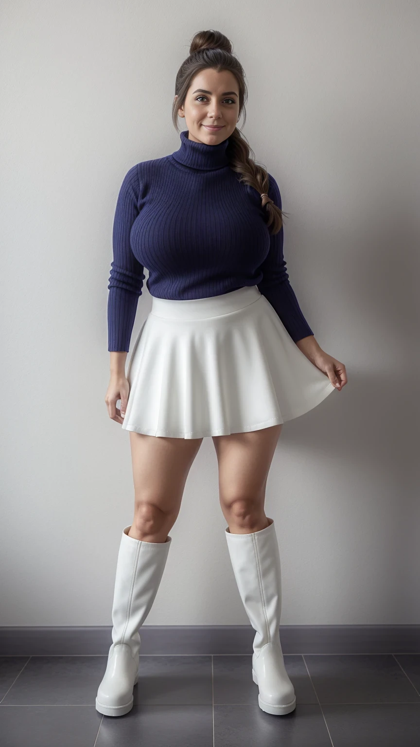 Full body shot of 1 beautiful Izrael  35yo woman , large standing upright in front of a plain white wall wet soapy face ,messy hair,long boots view from above ,one leg up ,up one leg  body, voluptuous woman, dark bun messy  hair, ,  turtleneck sweater,  scarf, sexy  skirt,  , dreaming, curvy hourglass figure, oppai proportion, heavy exaggerated proportions short skirt tight skirt pov 