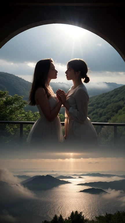 sapphic couple on a hotel balcony admiring the river view