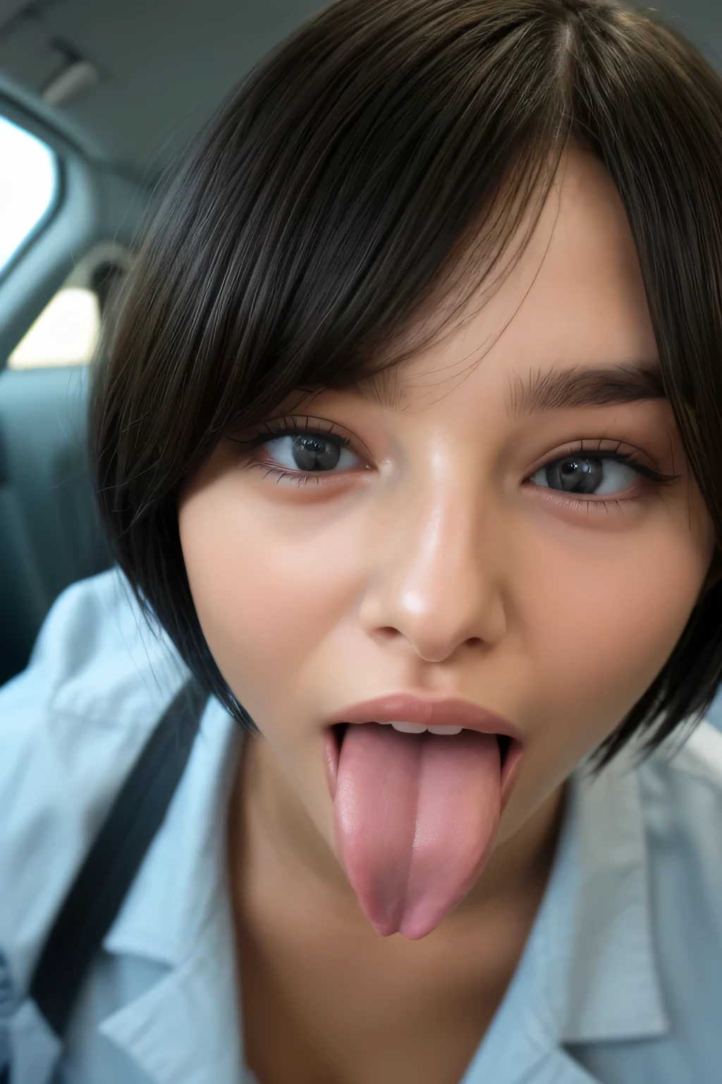 ,1 girl、Taylor Hill、1 girl、超High resolution, retina, Accurate, masterpiece, Anatomically correct, Super Detail, Textured skin, Attention to detail, high quality, High resolution, 8k、、Big double eyes、nose、The focus is on the mouth、close-up focus on face、Woman with open mouth and closed eyes、18-year-old、Black Hair、tongue out, tongue, traces of saliva, Drooling, Ahegao, long tongue, Verbal invitation, Pulling the hair back, Gray background,Half Backlight,Pilot uniform,