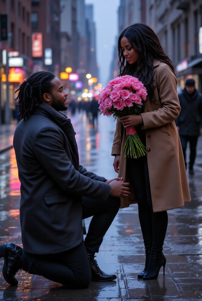 The Proposal!💘💗
Create a gouache art painting of a romantic scene in the middle of a city street after the rain, with an African American couple. The man, wearing a winter coat and suit, is kneeling on one knee, holding a bouquet of vibrant pink carnations, proposing to the woman. The beautiful woman with long wavy dreadlocks, dressed in a stylish coat and stiletto heels, looking down with a warm and emotional expression, holding her hand out toward the man. The background includes blurred city lights, traffic, and reflections on the wet pavement, emphasizing a moody and heartfelt romantic atmosphere.