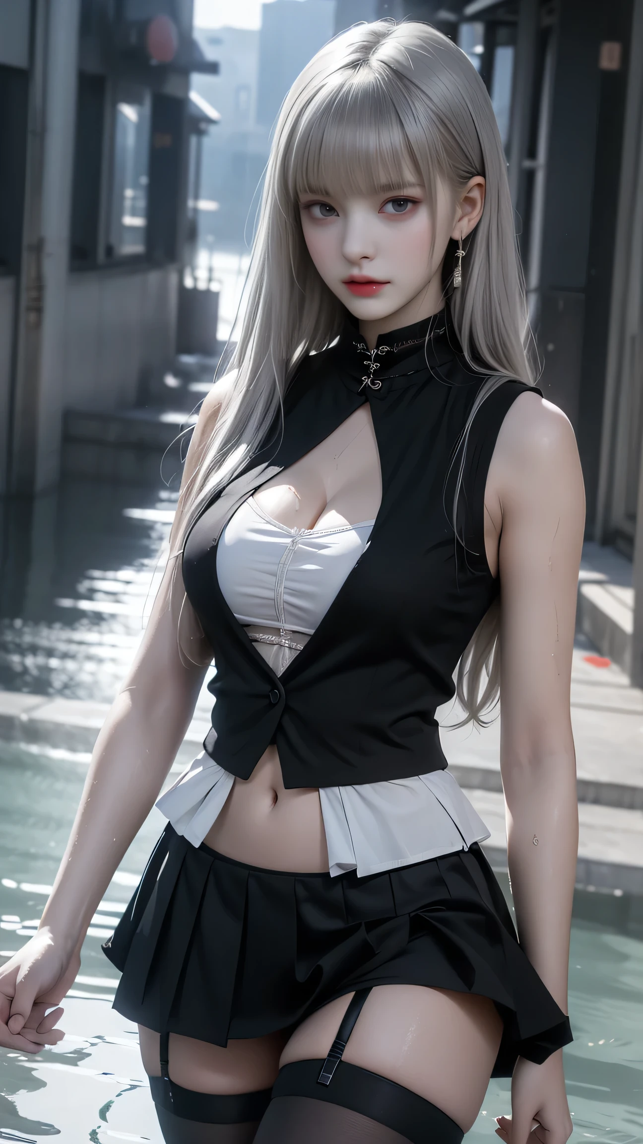 (( best quality))、((Superior Quality、8k、tmasterpiece:1.5))、The genitals are clear:1.2、 perfect body beauty:1。4) wet skin、smile、Film texture、 photorealistic、 high image quality、1 person、Single、 High Hips 、 apparently 、(Thin face)、Gray Hair、 long hair on background、4K、Ultra HD、masterpiece、1 personの女の子、 serious face、 detailed eyes on board、 very long hair、(water:1.5)、((Black Vest Open Front ))、(( Black Flared Mini Skirt))、( black garter and garter belt )、( black stockings on TV)、( black high heels)、(Pull up your skirt with both hands)、( I can see my black panties )Fluorescent color、(( One Girl ))、(Cleavage coordination),Look to the side、 beautiful face、 beautiful eyes、(big) blue eyes)、(Dull silver hair)、 shiny hair、 pubic skin、Reduce glare、Finger ratio adjustment、Escrow、Bat View、(dance)、 dynamic angle、( MASTER PARTS )、(最 high image quality)