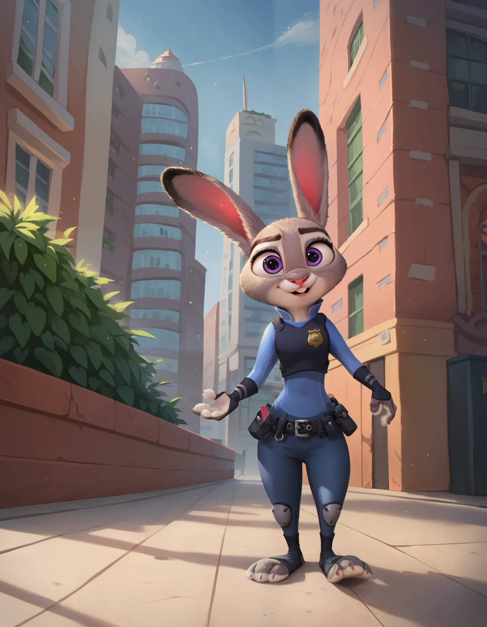 rating_safe, hoppsJudyzt, best quality, masterpiece, solo, 1girl, JudyHopps, police uniform,City, modern city, no pants, judy, 